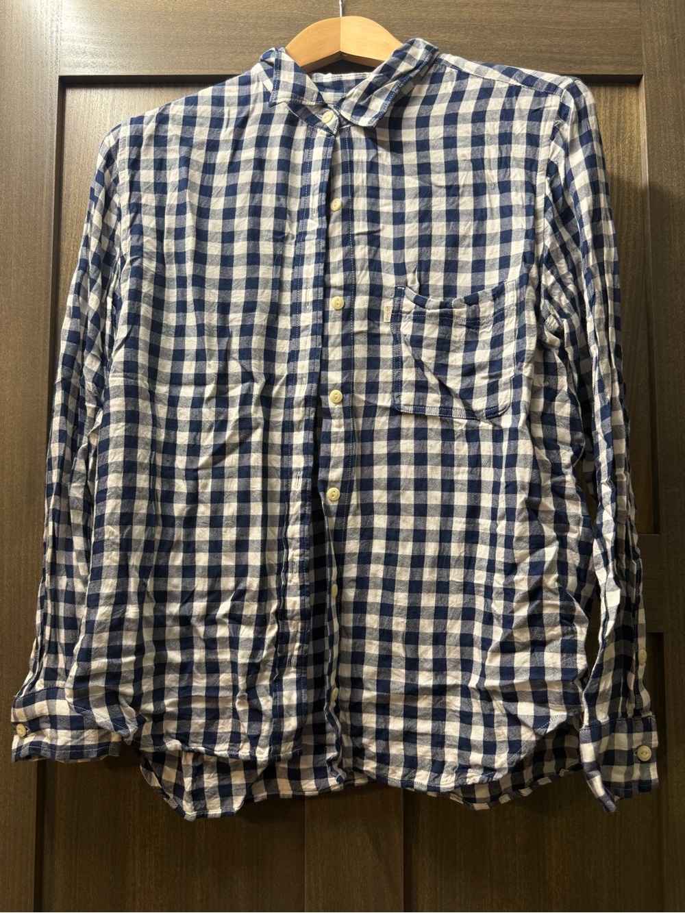 Blue and White Checkered Women’s Button-Up Shirt